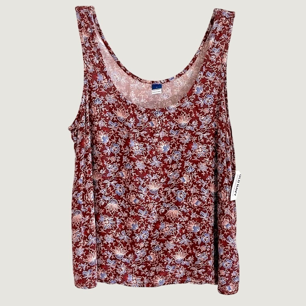 Old Navy Floral Sleeveless Tank Top Womens Small Burgundy Blue Scoop Neck NWT